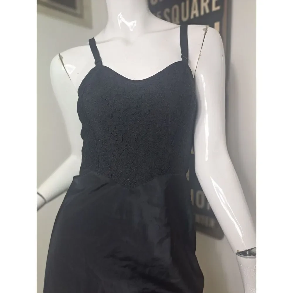 BARBIZON Full Slip Dress Black Vintage Taffeta Lace  Saucy Tafredda ‎ Zip Size 9